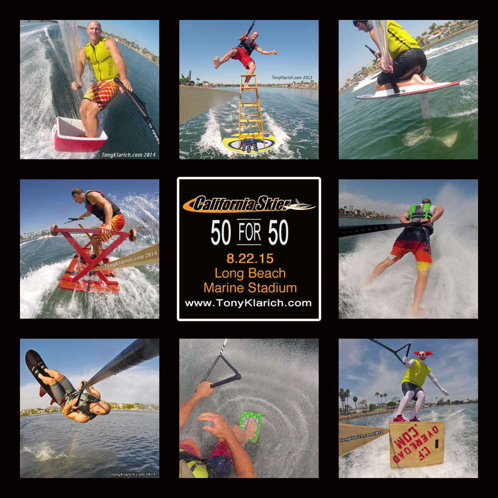 california skier 50 for 50 water skiing ice chest disc & ladder kneeboard hydrofoil picnic table barefoot water skiing sky ski guinness book crossfit pukie
